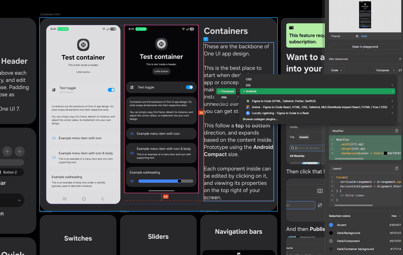 Using Figma Dev Mode with the One UI Design Kit.